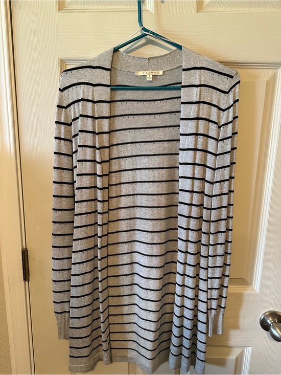 Cyrus Sweaters - Cyrus Light Gray and Black Striped Open Cardigan